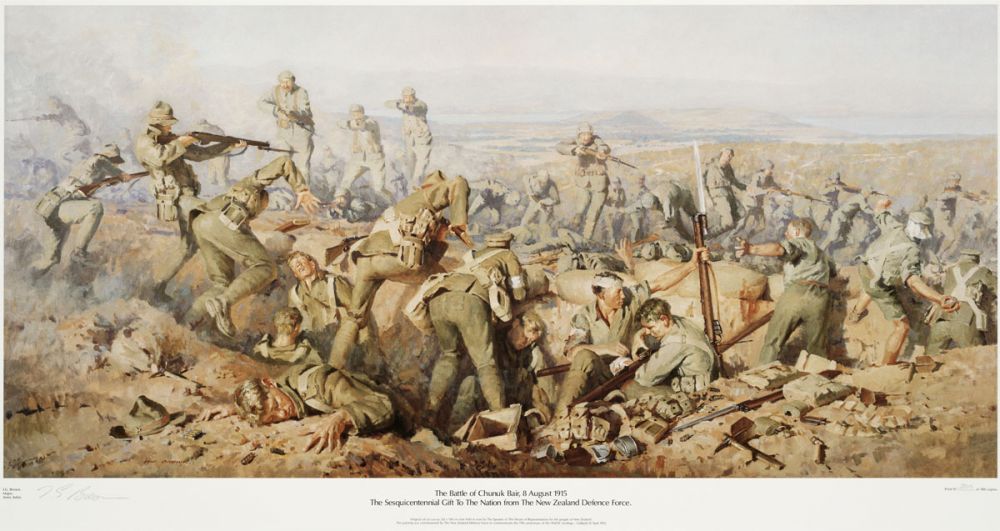 The Wellington Battalion of the New Zealand Infantry Brigade in close combat with Turkish forces on Chunuk Bair.